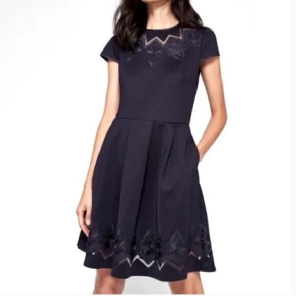 Ted Baker Cheskka Lace and Mesh Skater Dress Dark Blue Navy Floral Embroidery - Picture 3 of 16